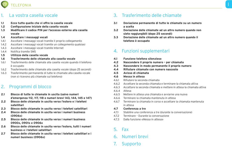 4.4 notifica tramite SMS 1. Utilizzo della casella vocale 1. Trasferimento delle chiamate alla casella vocale 1..1 Trasferimento delle chiamate alla casella vocale quando il telefono è occupato 1.