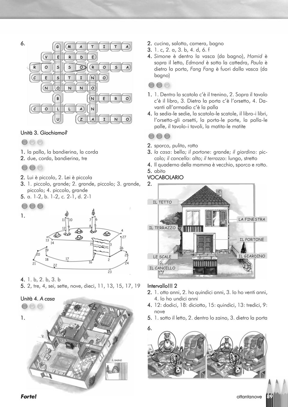 la palla, la bandierina, la corda due, corda, bandierina, tre Lui è piccolo, Lei è piccola 3. piccolo, grande; grande, piccolo; 3. grande, piccolo; 4. piccolo, grande 5. a. 1-2, b. 1-2, c. 2-1, d.