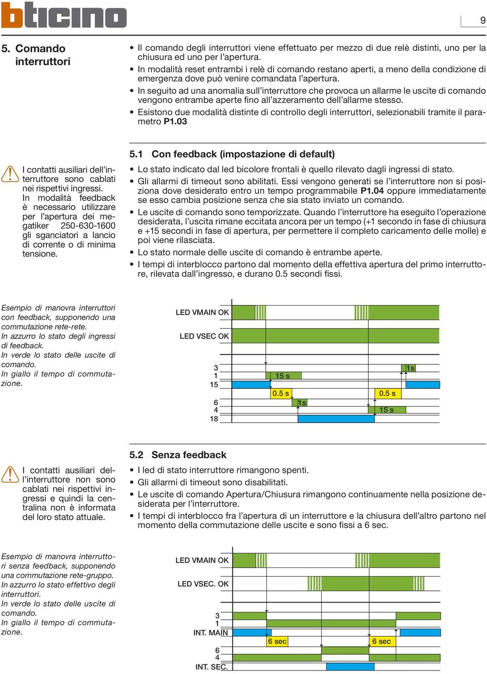 In seguito ad una anomalia sull interruttore che provoca un allarme le uscite di comando vengono entrambe aperte fino all azzeramento dell allarme stesso.