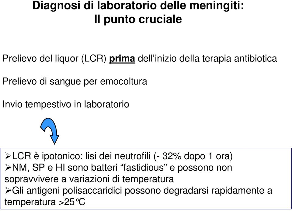 ipotonico: lisi dei neutrofili (- 32% dopo 1 ora) NM, SP e HI sono batteri fastidious e possono non