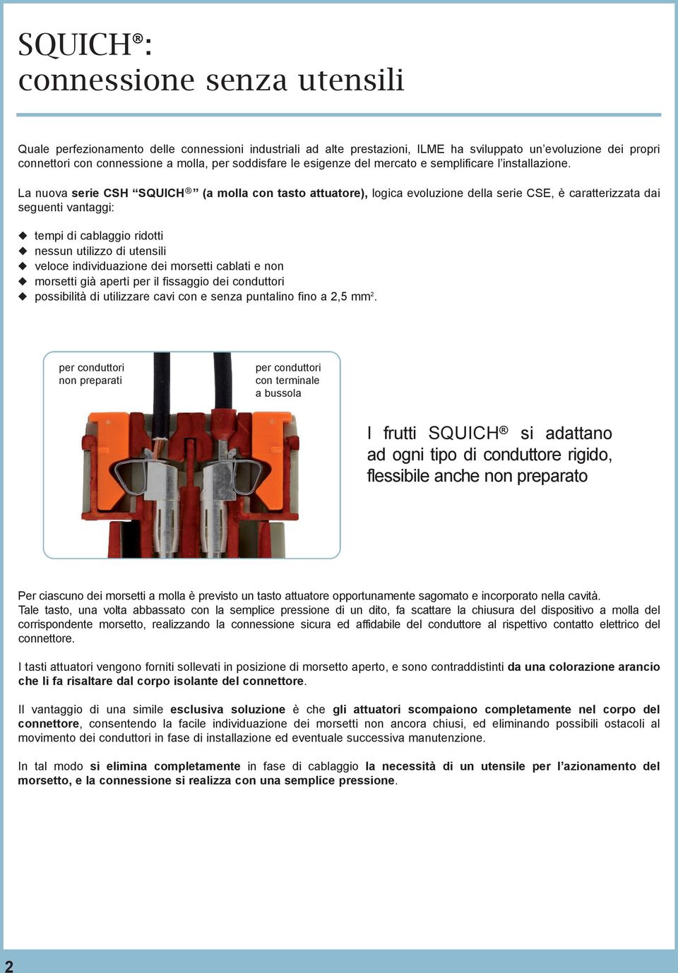 La nuova sere CSH SQUICH (a molla con tasto attuatore), logca evoluzone della sere CSE, è caratterzzata da seguent vantagg: temp d cablaggo rdott nessun utlzzo d utensl veloce ndvduazone de morsett