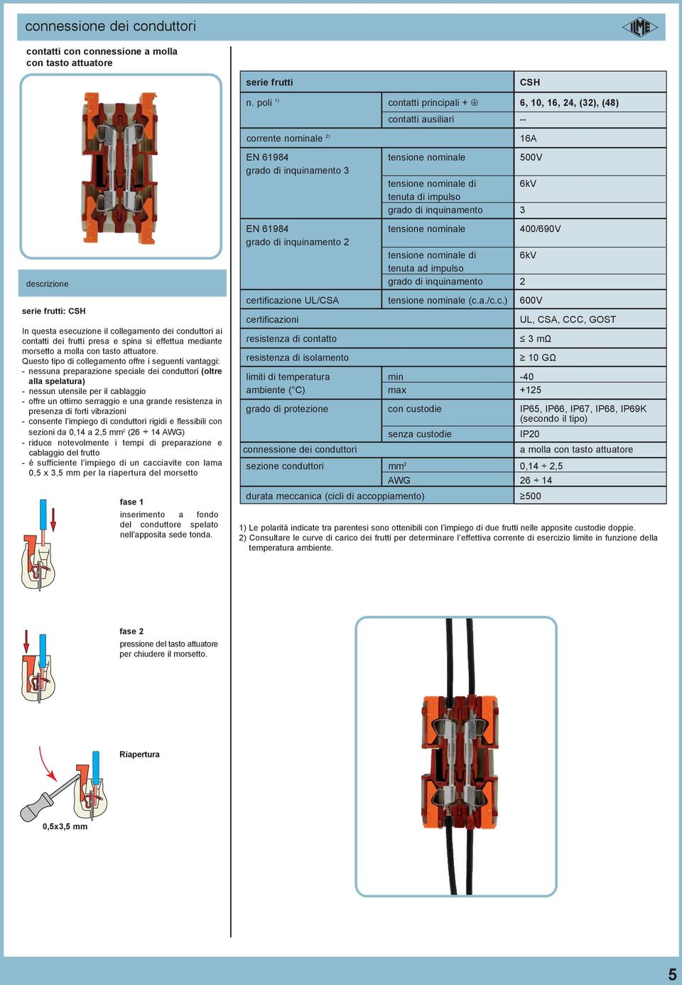 nqunamento 3 descrzone sere frutt: CSH In questa esecuzone l collegamento de conduttor a contatt de frutt presa e spna s effettua medante morsetto a molla con tasto attuatore.