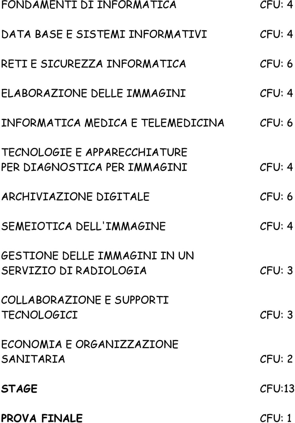 CFU: 4 ARCHIVIAZIONE DIGITALE CFU: 6 SEMEIOTICA DELL'IMMAGINE CFU: 4 GESTIONE DELLE IMMAGINI IN UN SERVIZIO DI RADIOLOGIA