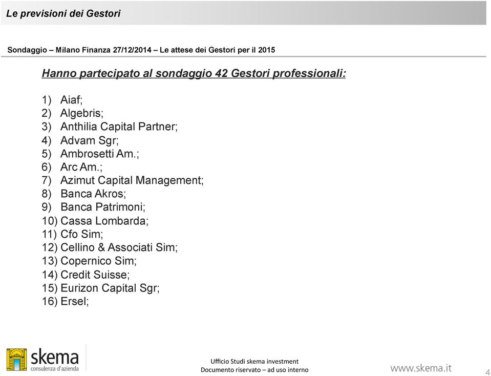 ; 7) Azimut Capital Management; 8) Banca Akros; 9) Banca Patrimoni; 10) Cassa Lombarda; 11) Cfo Sim; 12) Cellino &
