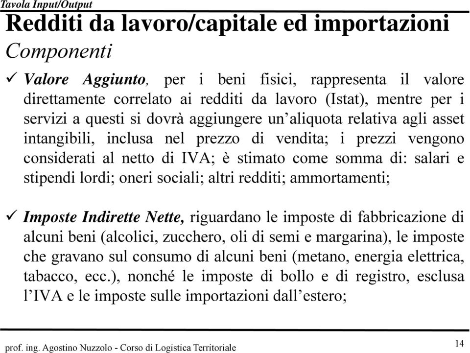 salari e stipendi lordi; oneri sociali; altri redditi; ammortamenti; Imposte Indirette Nette, riguardano le imposte di fabbricazione di alcuni beni (alcolici, zucchero, oli di semi e