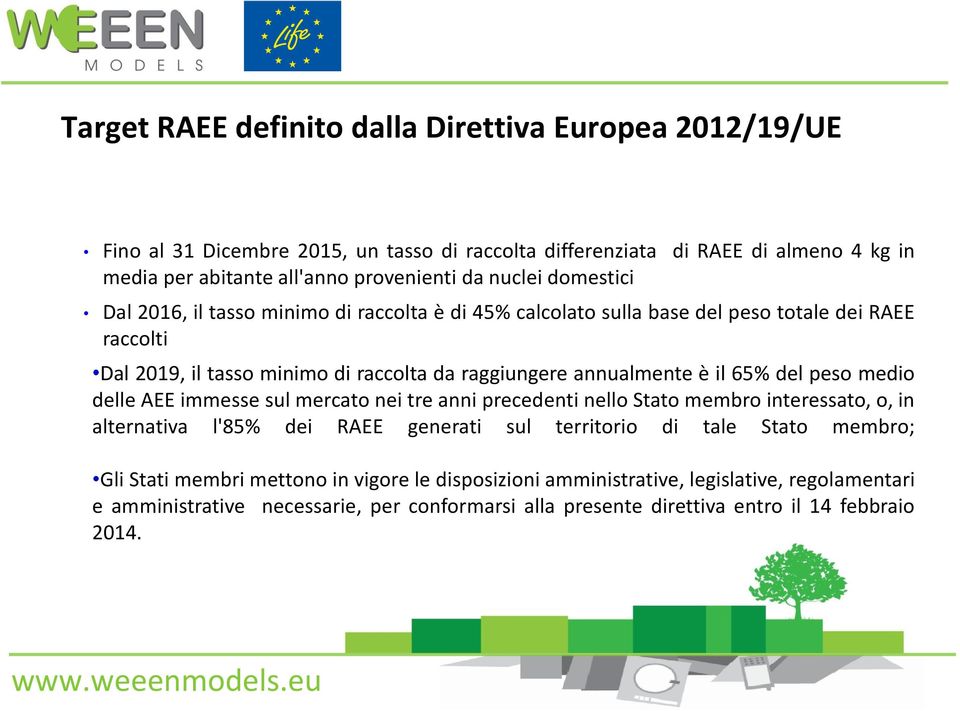 il 65% del peso medio delle AEE immesse sul mercato nei tre anni precedenti nello Stato membro interessato, o, in alternativa l'85% dei RAEE generati sul territorio di tale Stato membro;