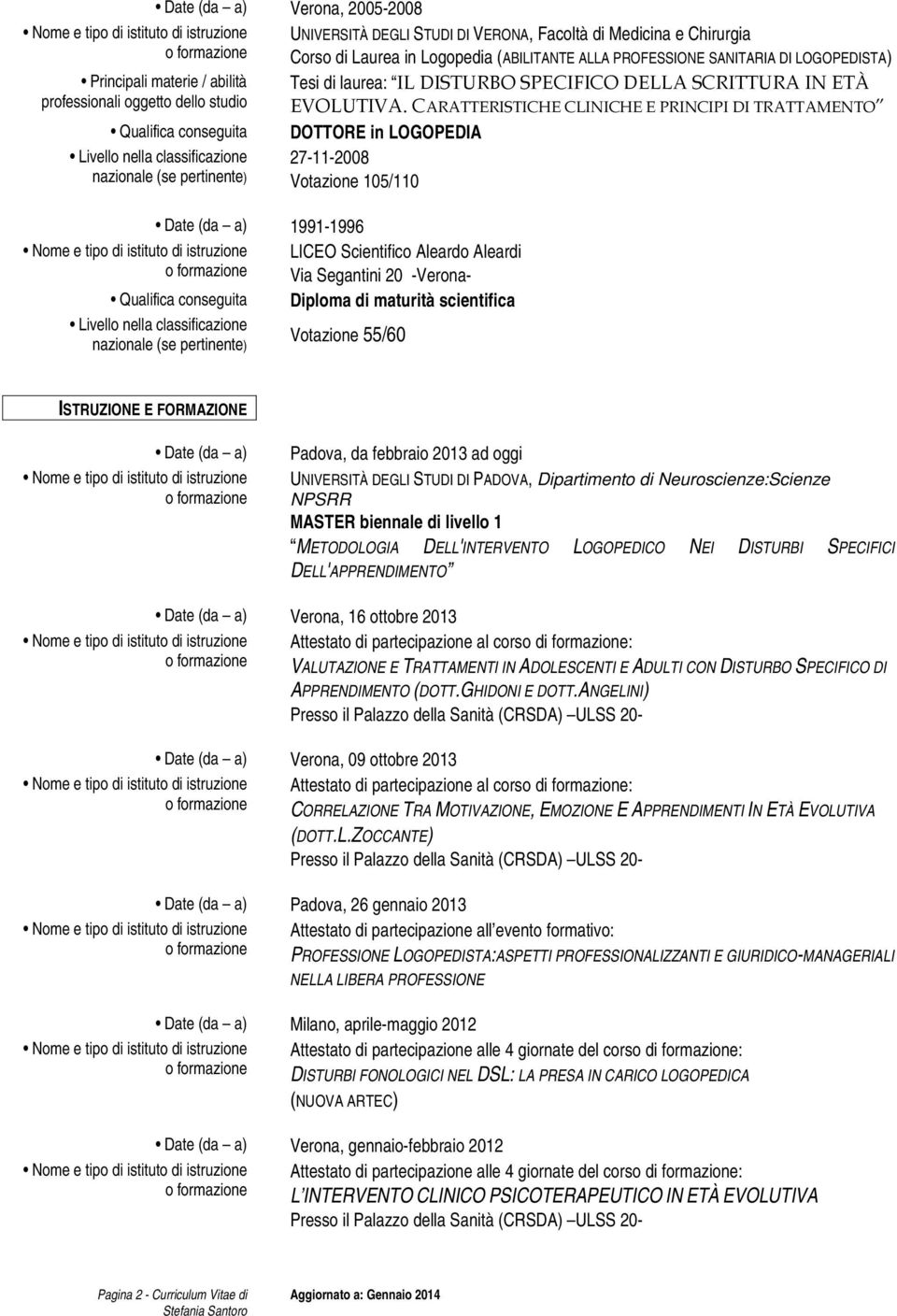 CARATTERISTICHE CLINICHE E PRINCIPI DI TRATTAMENTO Qualifica conseguita DOTTORE in LOGOPEDIA 27-11-2008 Votazione 105/110 1991-1996 LICEO Scientifico Aleardo Aleardi Via Segantini 20 -Verona-