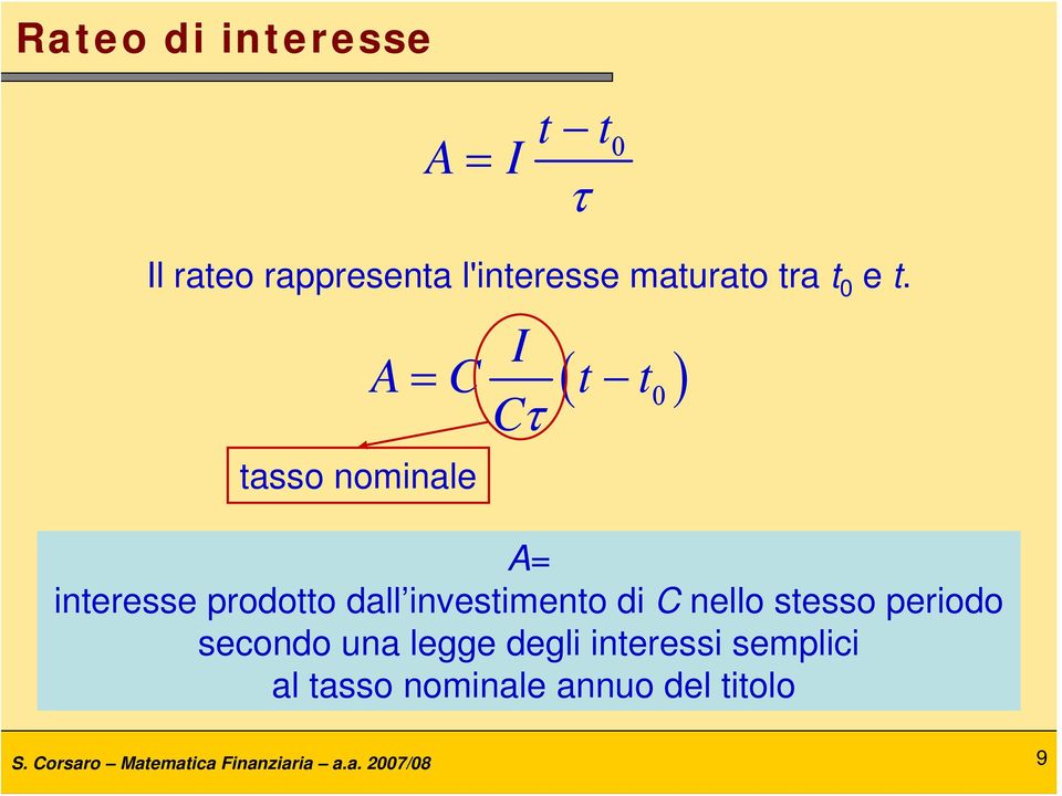 tasso nominale I A = C t t Cτ ( ) A= interesse prodotto dall investimento di C