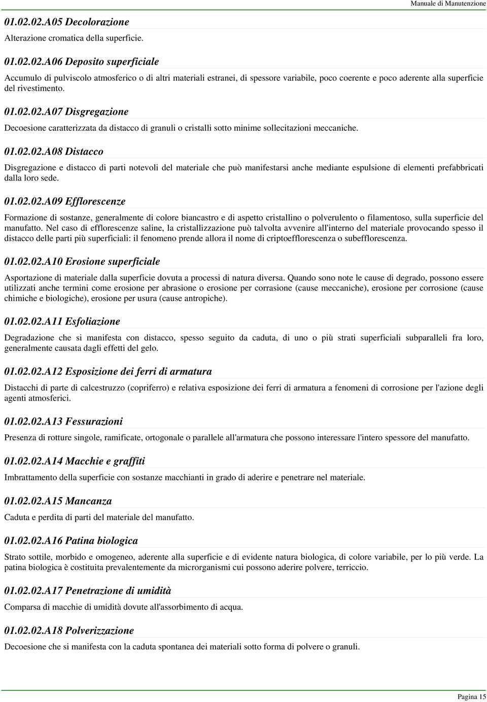 01.02.02.A07 Disgregazione Decoesione caratterizzata da distacco di granuli o cristalli sotto minime sollecitazioni meccaniche. 01.02.02.A08 Distacco Disgregazione e distacco di parti notevoli del materiale che può manifestarsi anche mediante espulsione di elementi prefabbricati dalla loro sede.