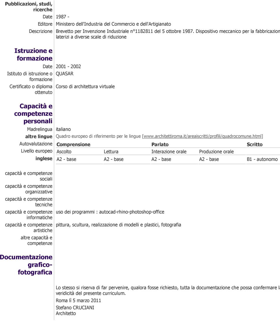 personali Date 2001-2002 QUASAR Madrelingua italiano Corso di architettura virtuale altre lingue Quadro europeo di riferimento per le lingue [www.architettiroma.it/areaiscritti/profili/quadrocomune.
