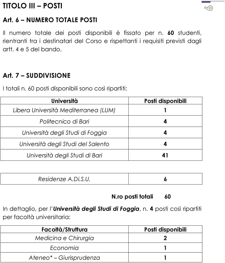 60 posti disponibili sono così ripartiti: Università Posti disponibili Libera Università Mediterranea (LUM) 1 Politecnico di Bari 4 Università degli Studi di Foggia 4 Università