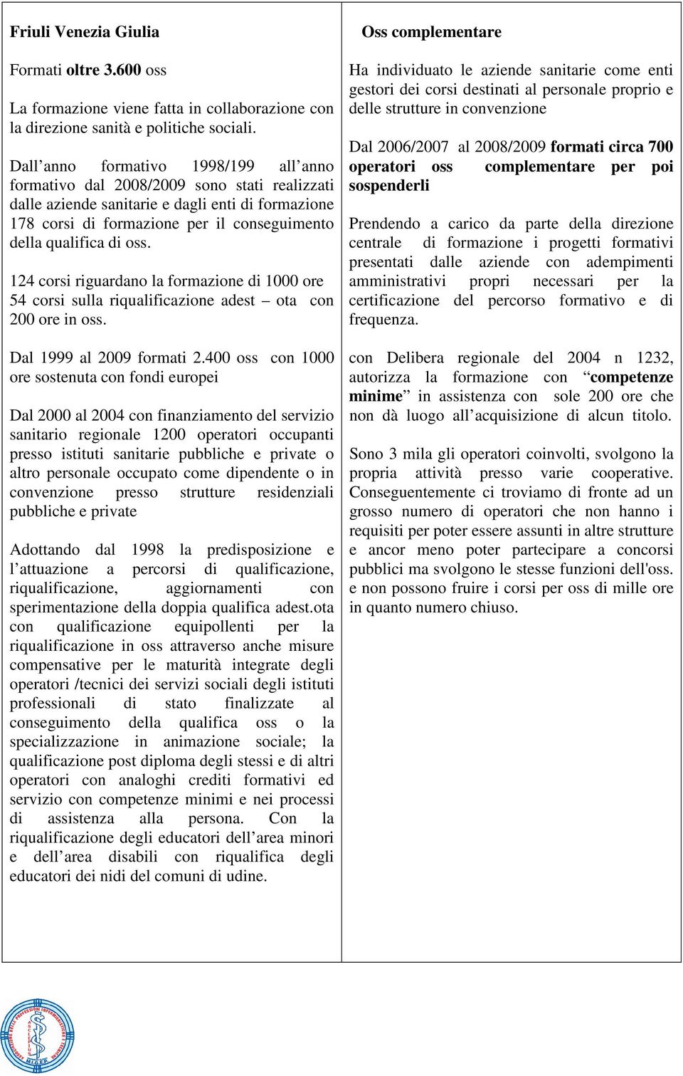 oss. 124 corsi riguardano la formazione di 1000 ore 54 corsi sulla riqualificazione adest ota con 200 ore in oss. Dal 1999 al 2009 formati 2.