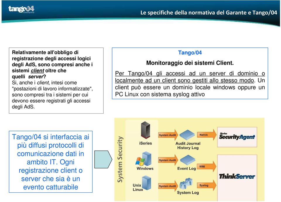 Tango/04 Monitoraggio dei sistemi Client. Per Tango/04 gli accessi ad un server di dominio o localmente ad un client sono gestiti allo stesso modo.