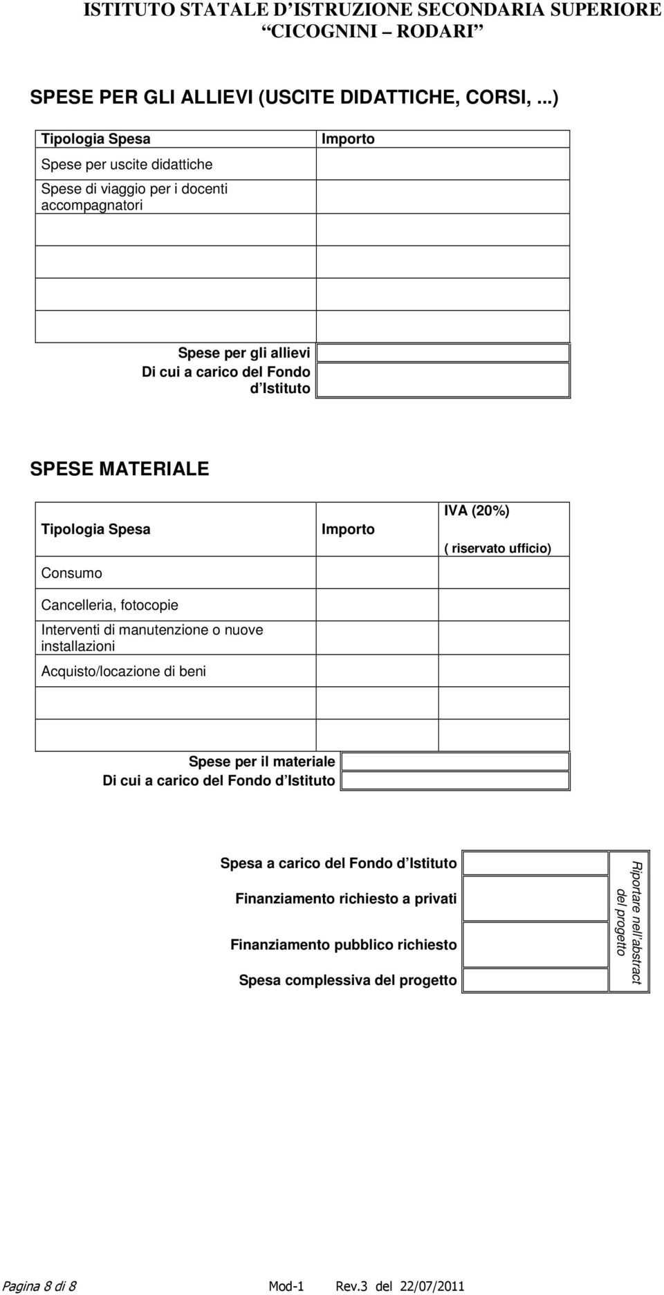 Istituto SPESE MATERIALE Tipologia Spesa Consumo Cancelleria, fotocopie Interventi di manutenzione o nuove installazioni Acquisto/locazione di beni Importo IVA