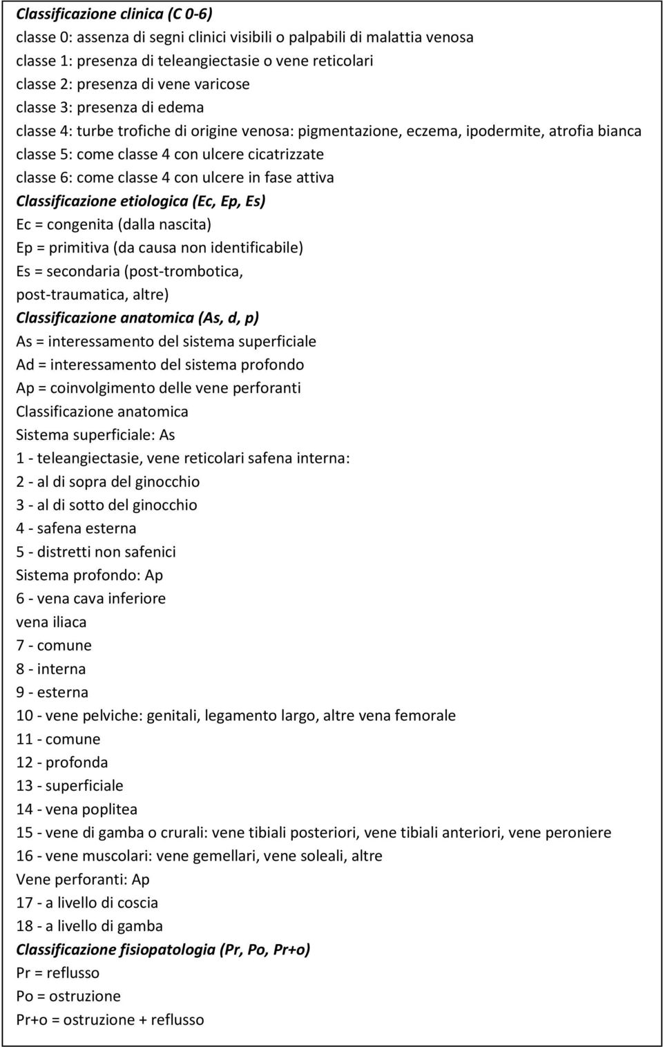 ulcere in fase attiva Classificazione etiologica (Ec, Ep, Es) Ec = congenita (dalla nascita) Ep = primitiva (da causa non identificabile) Es = secondaria (post-trombotica, post-traumatica, altre)