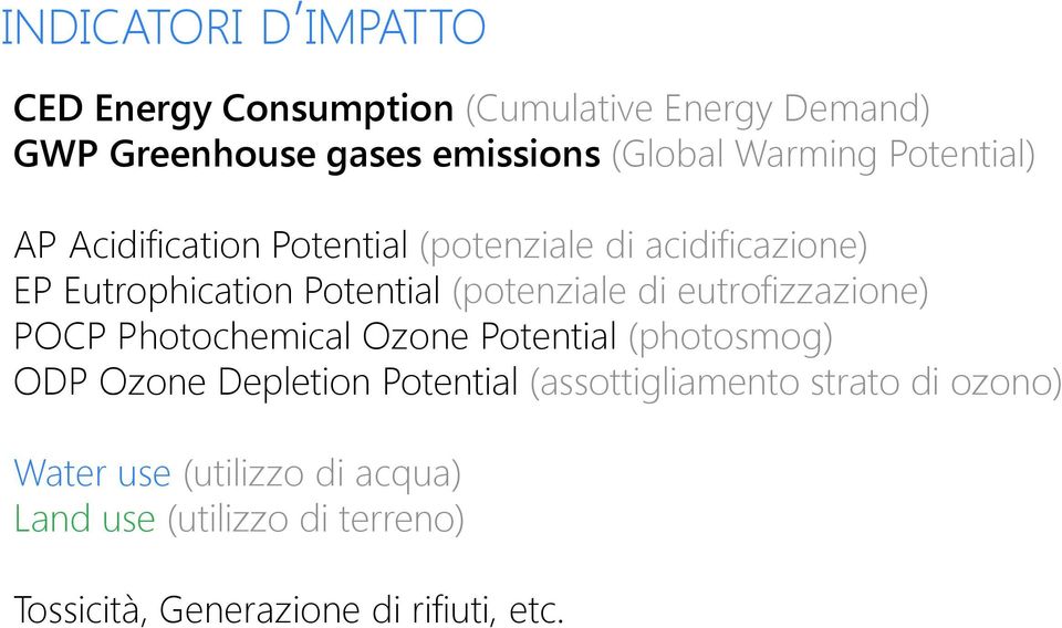 (potenziale di eutrofizzazione) POCP Photochemical Ozone Potential (photosmog) ODP Ozone Depletion Potential