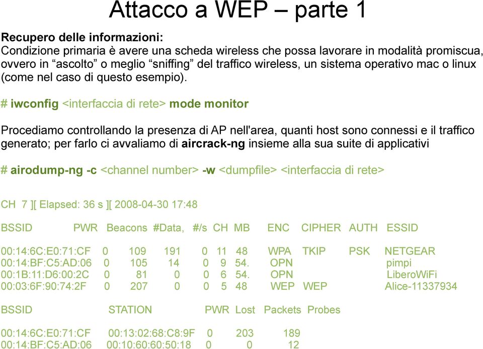 # iwconfig <interfaccia di rete> mode monitor Procediamo controllando la presenza di AP nell'area, quanti host sono connessi e il traffico generato; per farlo ci avvaliamo di aircrack-ng insieme alla