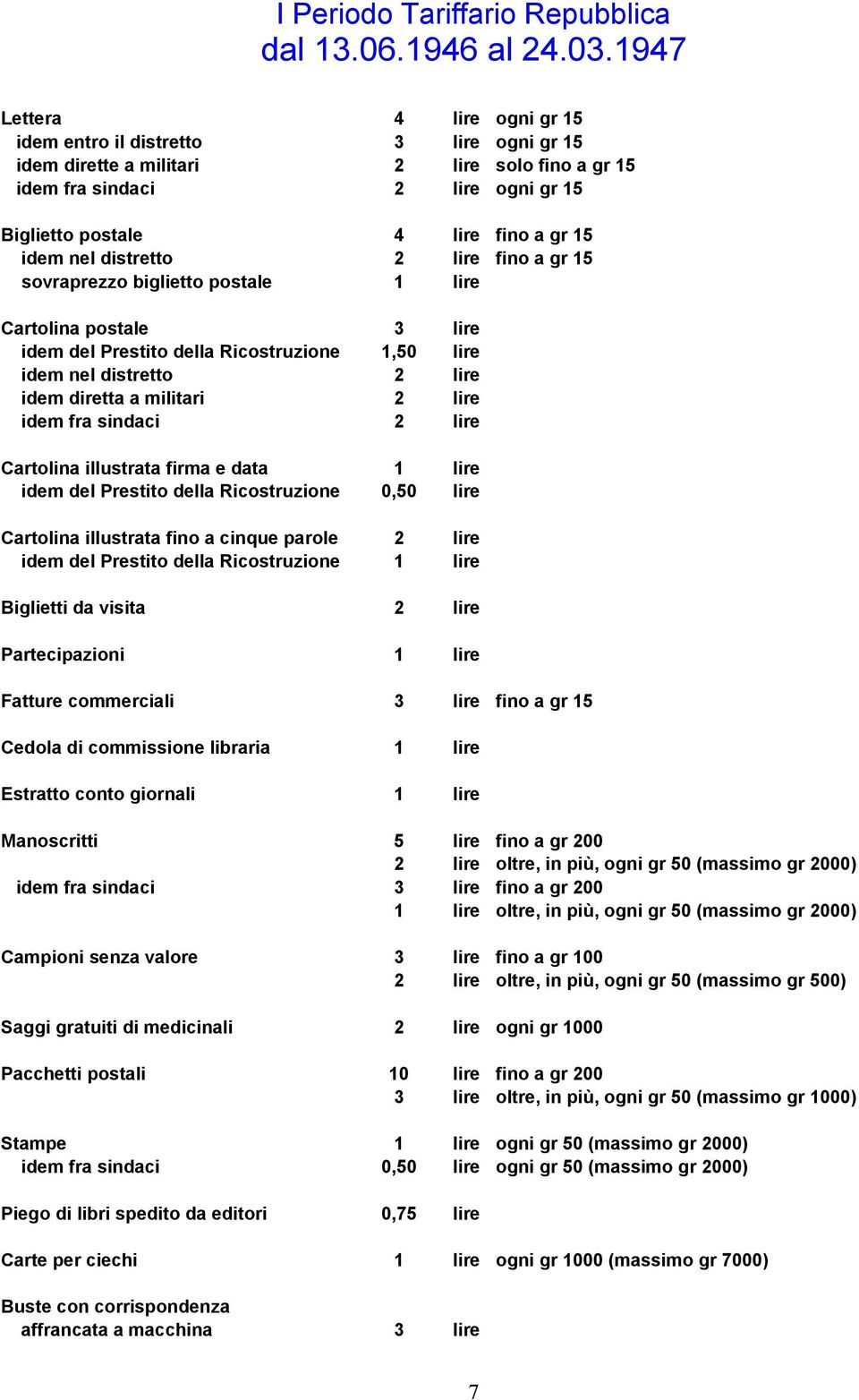 nel distretto 2 lire fino a gr 15 sovraprezzo biglietto postale 1 lire Cartolina postale 3 lire idem del Prestito della Ricostruzione 1,50 lire idem nel distretto 2 lire idem diretta a militari 2
