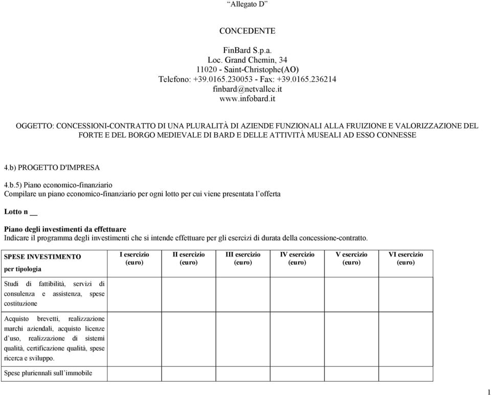 b) PROGETTO D'IMPRESA 4.b.5) Piano economico-finanziario Compilare un piano economico-finanziario per ogni lotto per cui viene presentata l offerta Lotto n Piano degli investimenti da effettuare