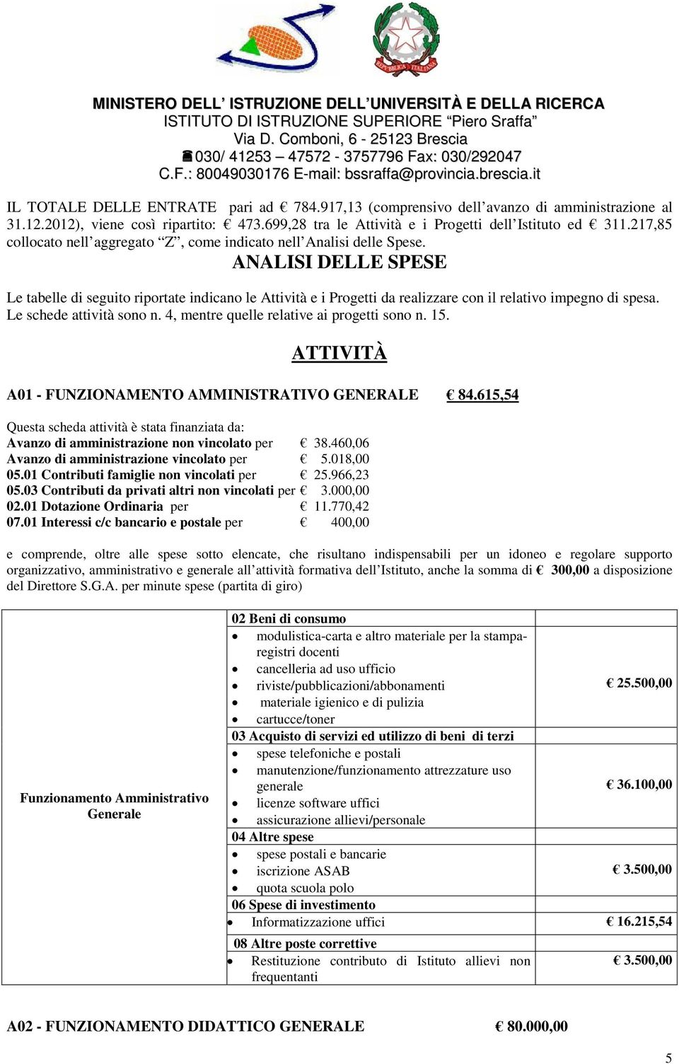 ANALISI DELLE SPESE Le tabelle di seguito riportate indicano le Attività e i Progetti da realizzare con il relativo impegno di spesa. Le schede attività sono n.