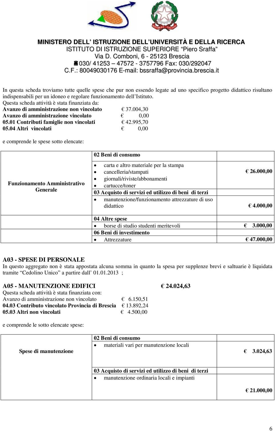 04 Altri vincolati 0,00 e comprende le spese sotto elencate: 02 Beni di consumo Funzionamento Amministrativo Generale carta e altro materiale per la stampa cancelleria/stampati 26.