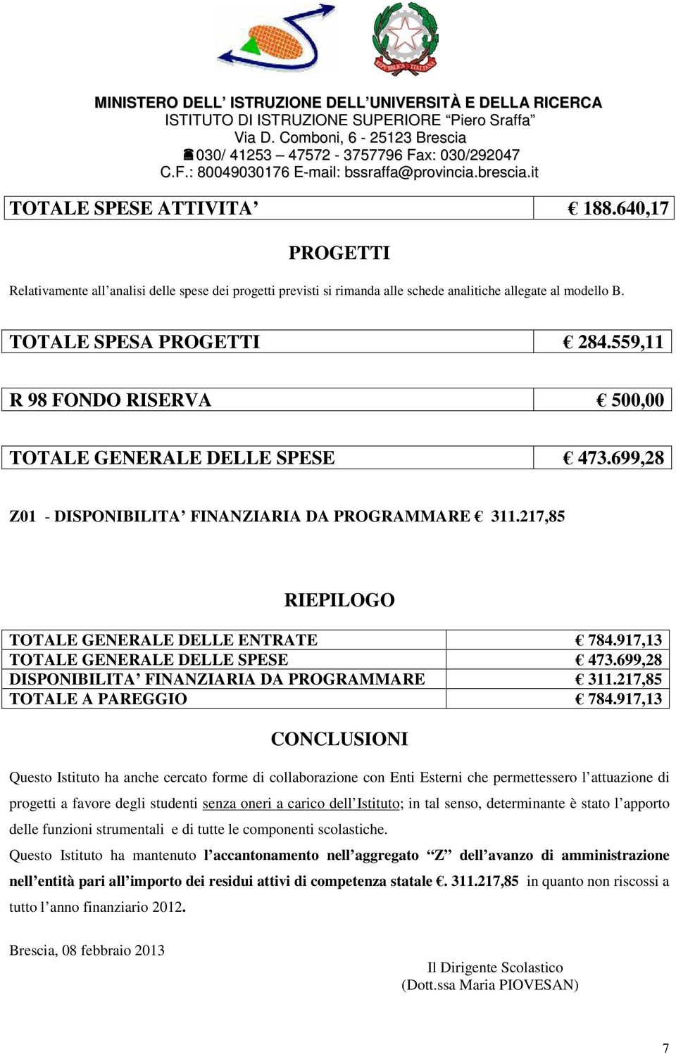 917,13 TOTALE GENERALE DELLE SPESE 473.699,28 DISPONIBILITA FINANZIARIA DA PROGRAMMARE 311.217,85 TOTALE A PAREGGIO 784.