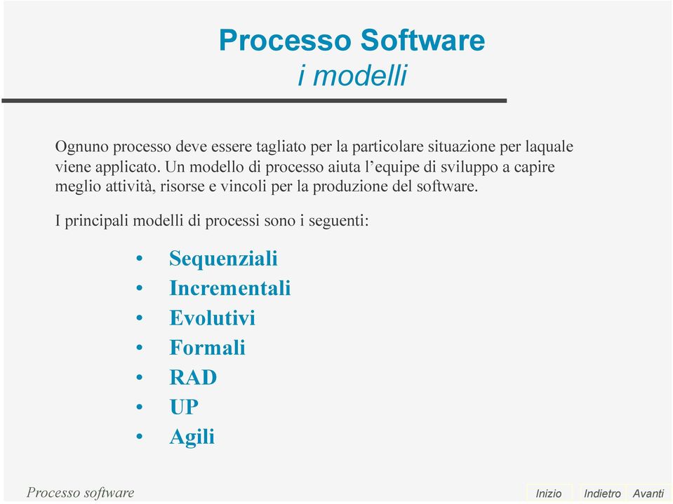 Un modello di processo aiuta l equipe di sviluppo a capire meglio attività, risorse e