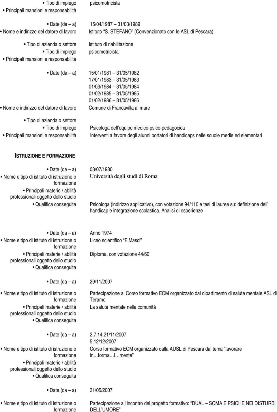 31/05/1986 Nome e indirizzo del datore di lavoro Comune di Francavilla al mare Psicologa dell equipe medico-psico-pedagocica Interventi a favore degli alunni portatori di handicaps nelle scuole medie