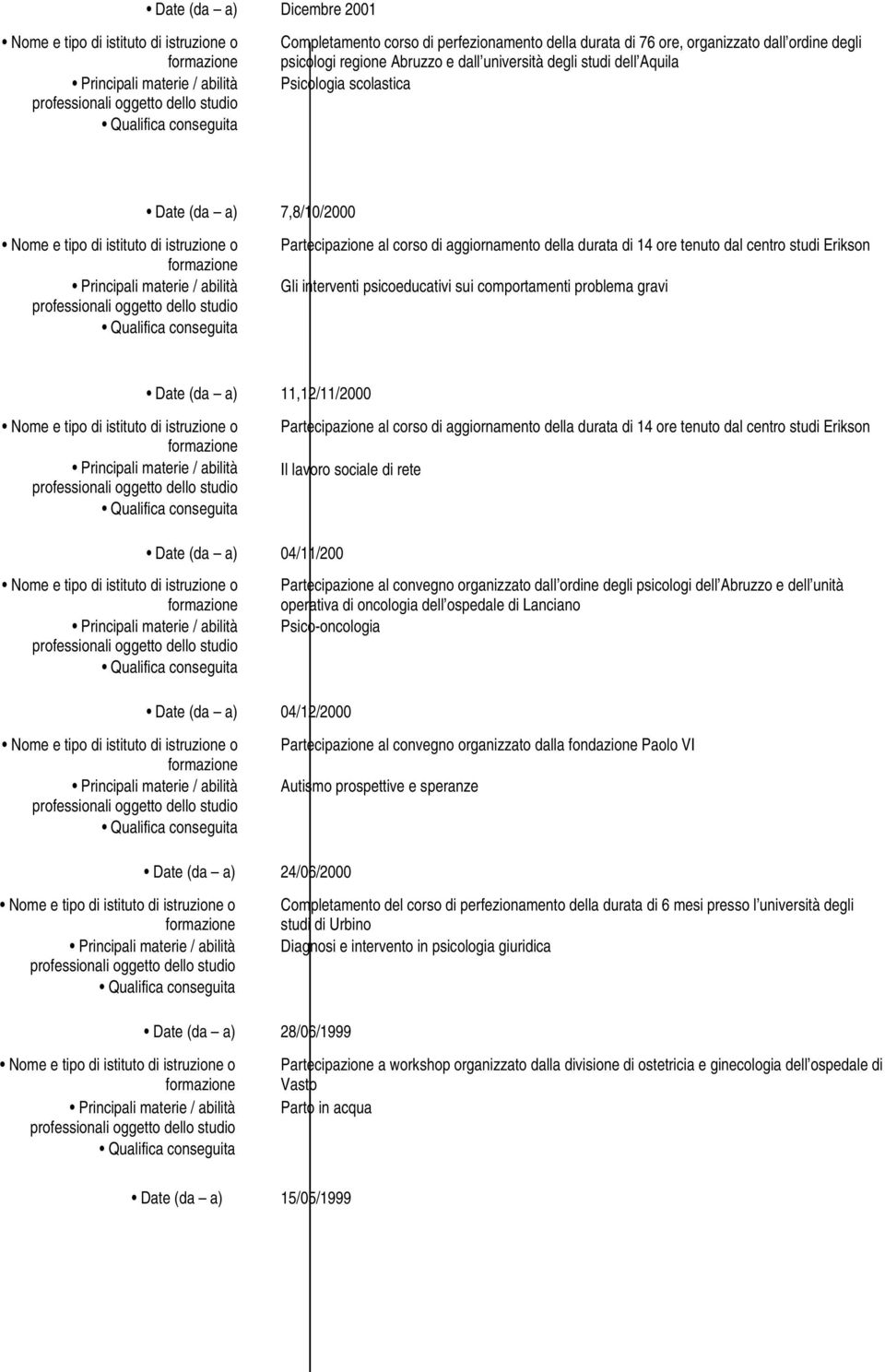 (da a) 11,12/11/2000 Partecipazione al corso di aggiornamento della durata di 14 ore tenuto dal centro studi Erikson Il lavoro sociale di rete Date (da a) 04/11/200 Date (da a) 04/12/2000