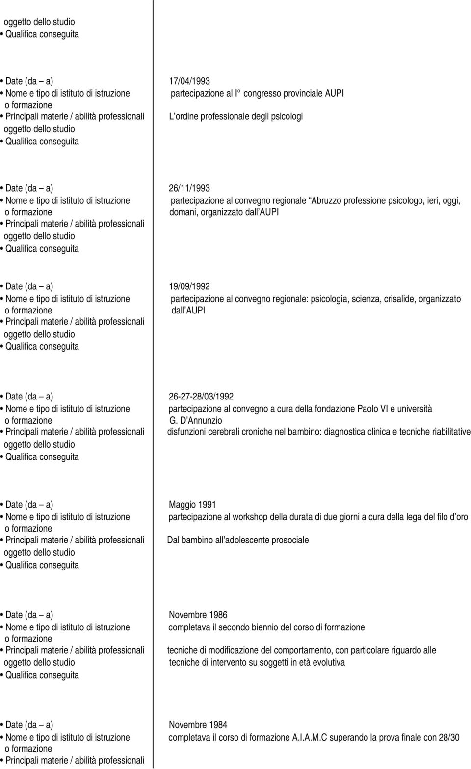 di istruzione partecipazione al convegno regionale: psicologia, scienza, crisalide, organizzato o dall AUPI professionali Date (da a) 26-27-28/03/1992 Nome e tipo di istituto di istruzione