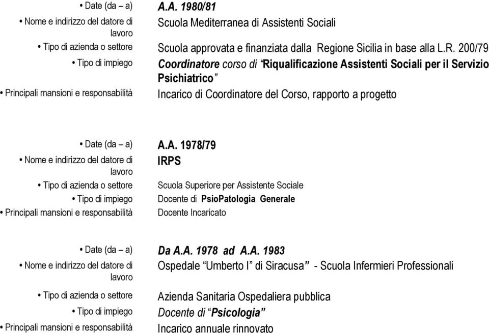 200/79 Coordinatore corso di Riqualificazione Assistenti Sociali per il Servizio Psichiatrico Incarico di Coordinatore del Corso,