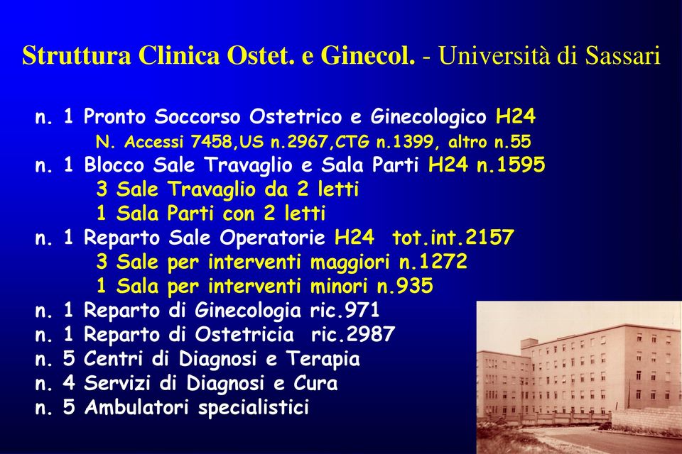 1 Reparto Sale Operatorie H24 tot.int.2157 3 Sale per interventi maggiori n.1272 1 Sala per interventi minori n.935 n.