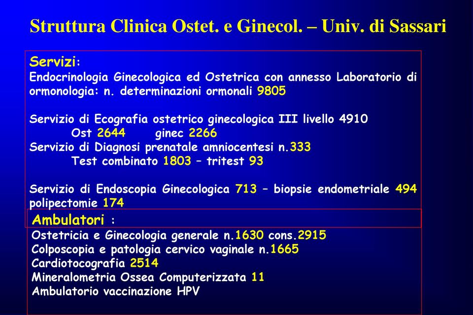 n.333 Test combinato 1803 tritest 93 Servizio di Endoscopia Ginecologica 713 biopsie endometriale 494 polipectomie 174 Ambulatori : Ostetricia e