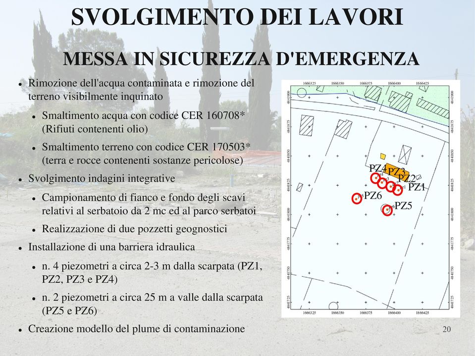 terreno con codice CER 170503* (terra e rocce contenenti sostanze pericolose) Svolgimento indagini integrative Smaltimento acqua con codice CER 160708* (Rifiuti contenenti