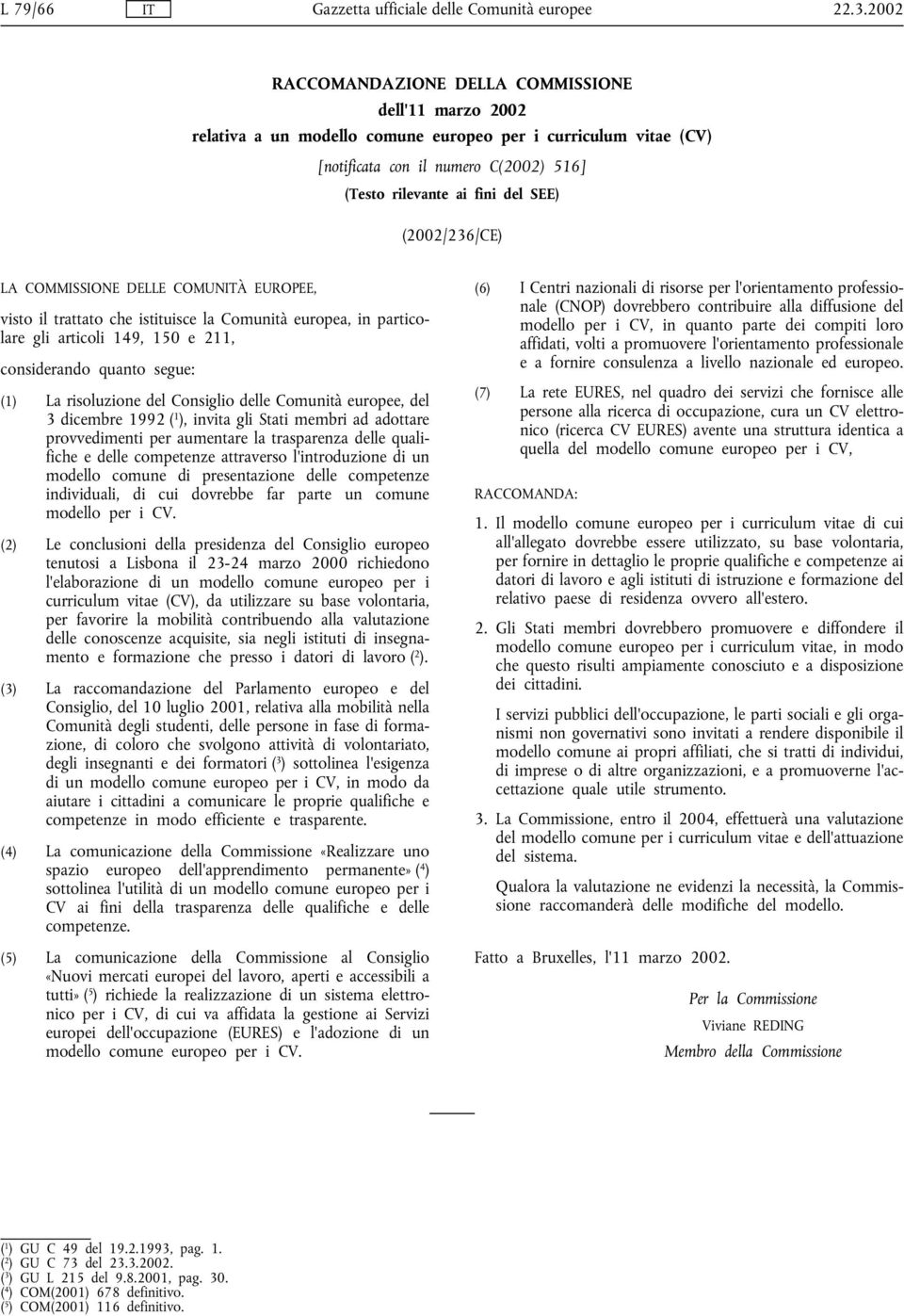 (2002/236/CE) LA COMMISSIONE DELLE COMUNITÀ EUROPEE, visto il trattato che istituisce la Comunità europea, in particolare gli articoli 149, 150 e 211, considerando quanto segue: (1) La risoluzione
