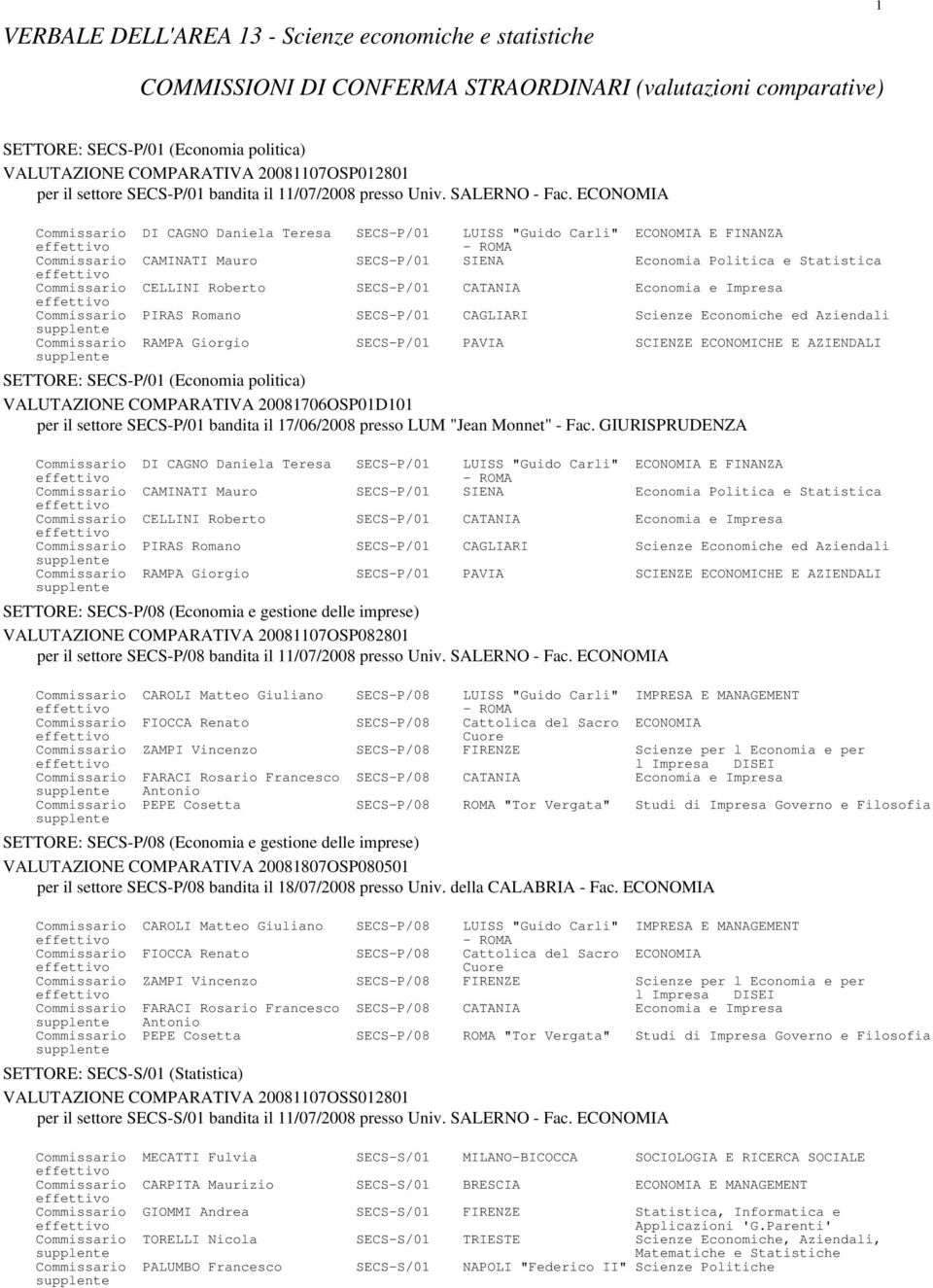 ECONOMIA Commissario DI CAGNO Daniela Teresa SECS-P/0 LUISS "Guido Carli" ECONOMIA E FINANZA Commissario CAMINATI Mauro SECS-P/0 SIENA Economia Politica e Statistica Commissario CELLINI Roberto