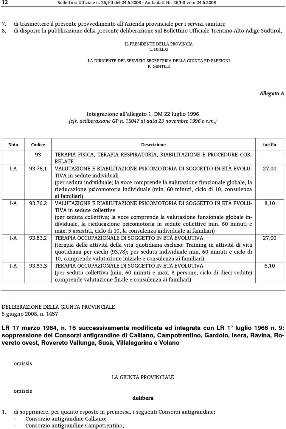 DELLAI LA DIRIGENTE DEL SERVIZIO SEGRETERIA DELLA GIUNTA ED ELEZIONI P. GENTILE Allegato A Integrazione all allegato 1, DM 22 luglio 1996 (cfr. deliberazione GP n. 15047 di data 23 novembre 1996 e s.