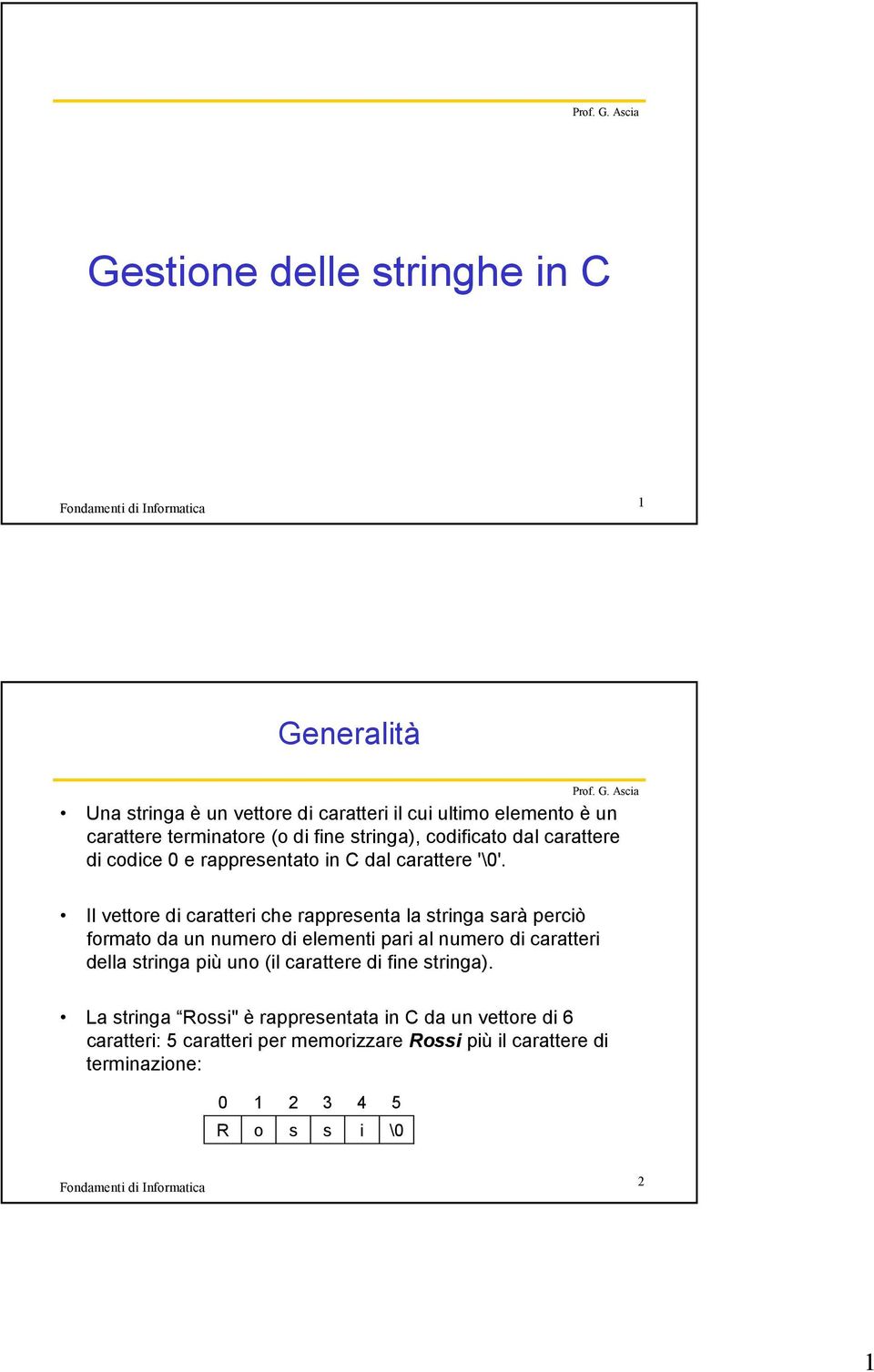 Il vettore di caratteri che rappresenta la stringa sarà perciò formato da un numero di elementi pari al numero di caratteri della stringa più