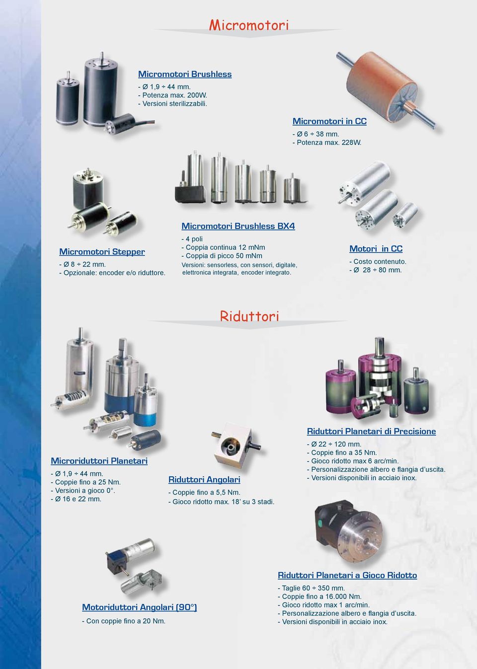 Micromotori Brushless BX4-4 poli - Coppia continua 12 mnm - Coppia di picco 50 mnm Versioni: sensorless, con sensori, digitale, elettronica integrata, encoder integrato.