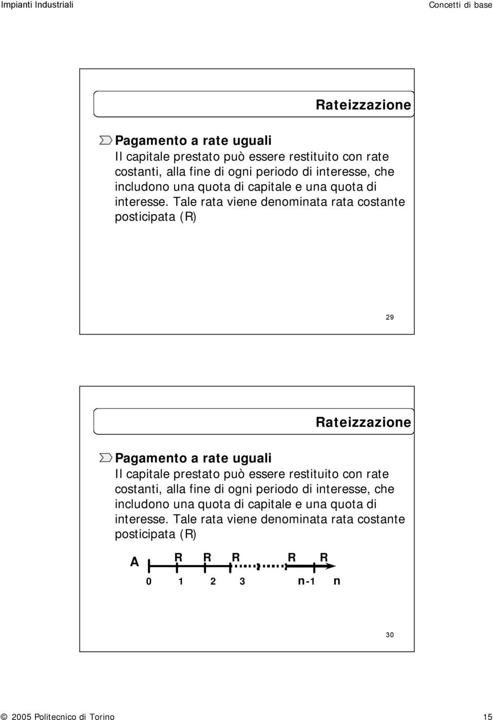 Tale rata viene denominata rata costante posticipata (R) 29   Tale rata viene denominata rata costante posticipata (R) A R R R R R 0 1 2 3 n1 n