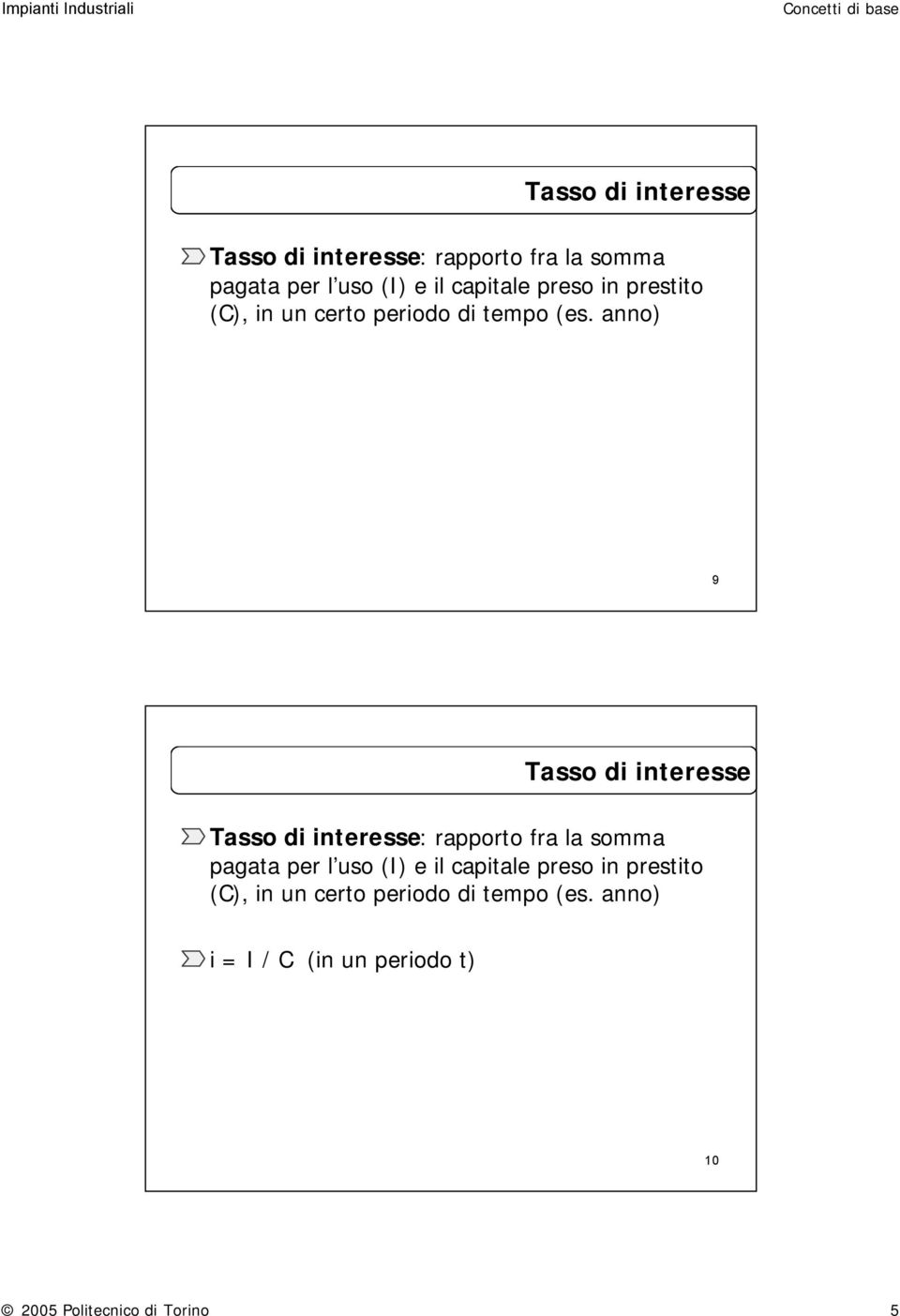 anno) 9   anno) i = I / C (in un periodo t) 10 2005 Politecnico di Torino 5