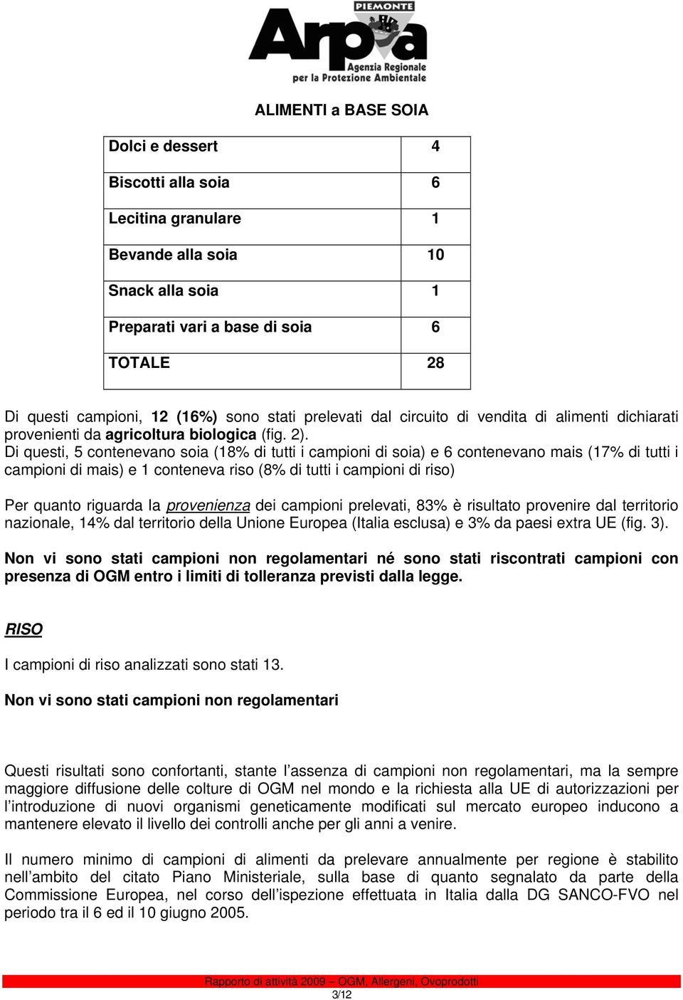 Di questi, 5 contenevano soia (18% di tutti i campioni di soia) e 6 contenevano mais (17% di tutti i campioni di mais) e 1 conteneva riso (8% di tutti i campioni di riso) Per quanto riguarda la