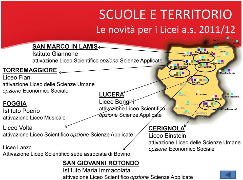 Economico Sociale FOGGIA Istituto Poerio attivazione Liceo Musicale Liceo Volta attivazione Liceo Scientifico opzione Scienze Applicate Liceo Lanza Attivazione Liceo