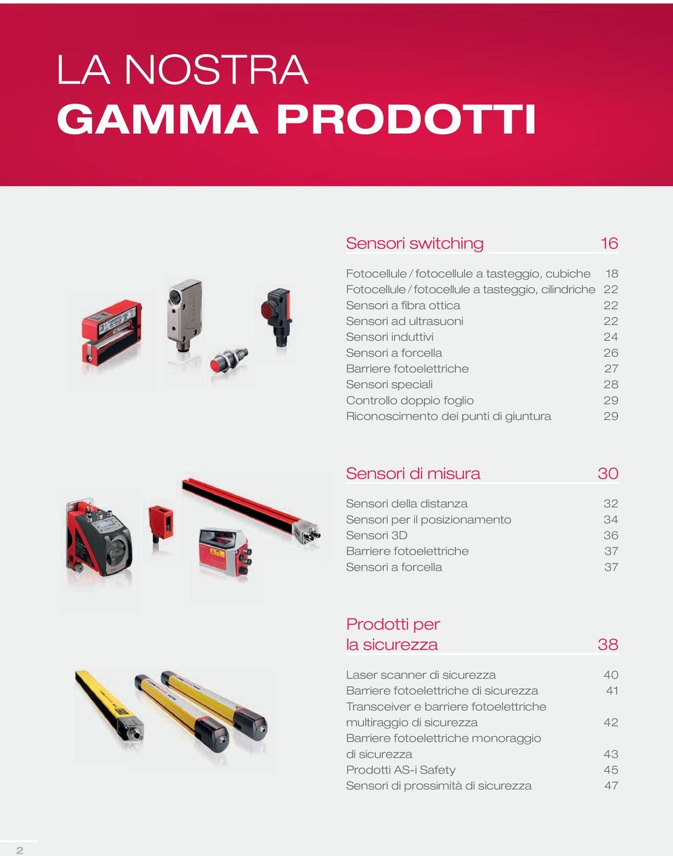 Sensori della distanza 32 Sensori per il posizionamento 34 Sensori 3D 36 Barriere fotoelettriche 37 Sensori a forcella 37 Prodotti per la sicurezza 38 Laser scanner di sicurezza 40 Barriere