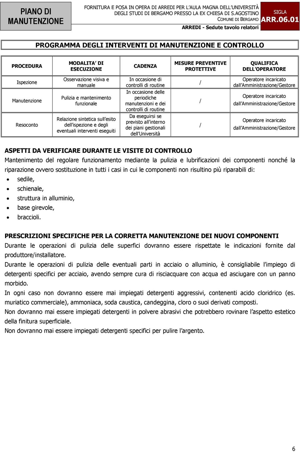 AmministrazioneGestore Mantenimento del regolare funzionamento mediante la pulizia e lubrificazioni dei componenti nonché la riparazione ovvero sostituzione in tutti i casi in cui le componenti non