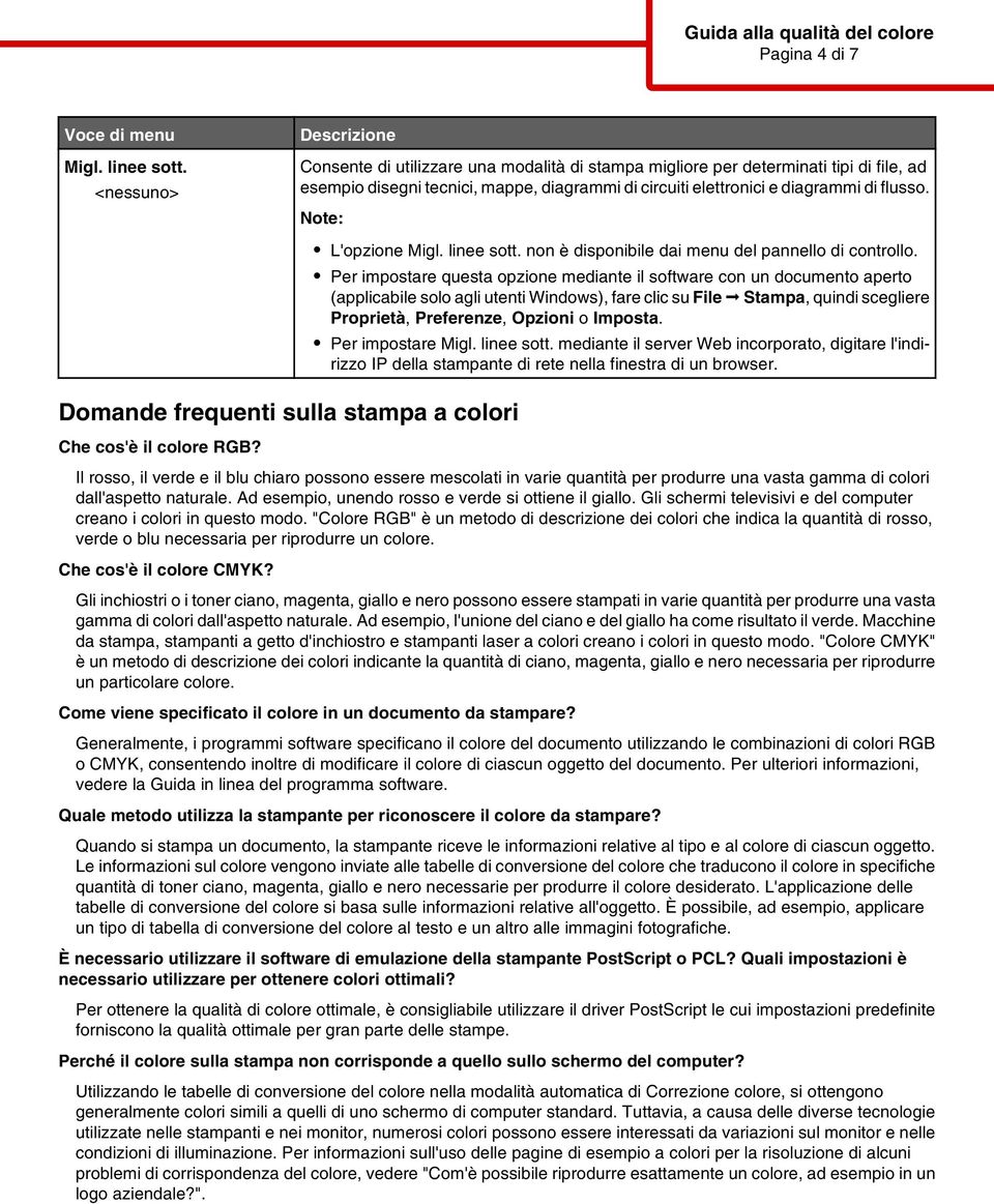 Domande frequenti sulla stampa a colori Che cos'è il colore RGB? L'opzione Migl. linee sott. non è disponibile dai menu del pannello di controllo.