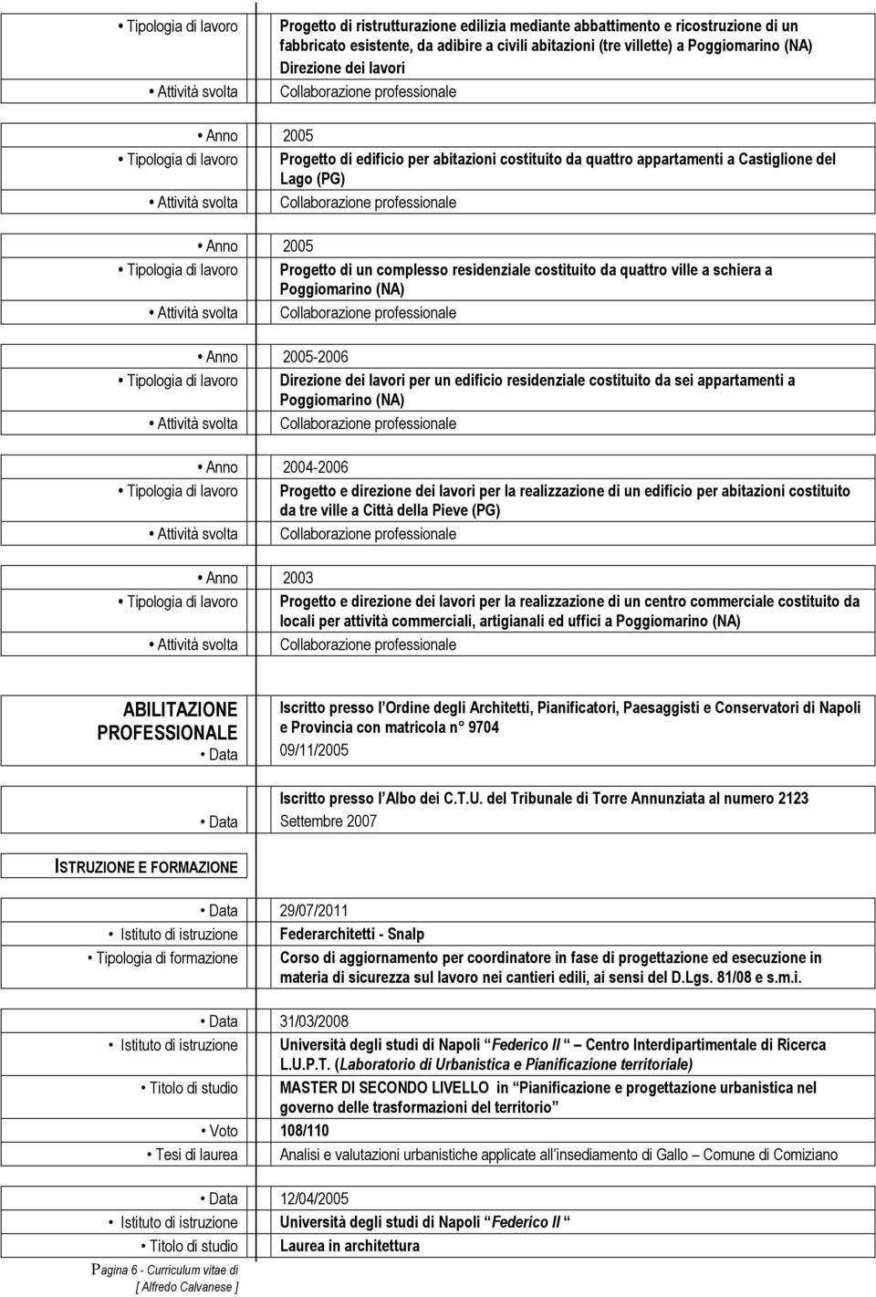 complesso residenziale costituito da quattro ville a schiera a -2006 Tipologia di lavoro Direzione dei lavori per un edificio residenziale costituito da sei appartamenti a Anno 2004-2006 Tipologia di