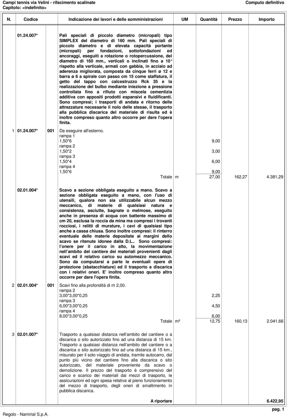 Pali speciali di piccolo diametro e di elevata capacità portante (micropali) per fondazioni, sottofondazioni ed ancoraggi, eseguiti a rotazione o rotopercussione, del diametro di 160 mm.