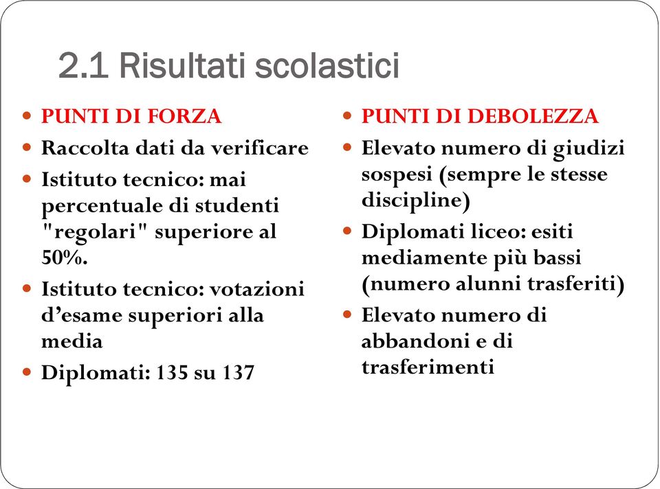 Istituto tecnico: votazioni d esame superiori alla media Diplomati: 135 su 137 PUNTI DI DEBOLEZZA Elevato