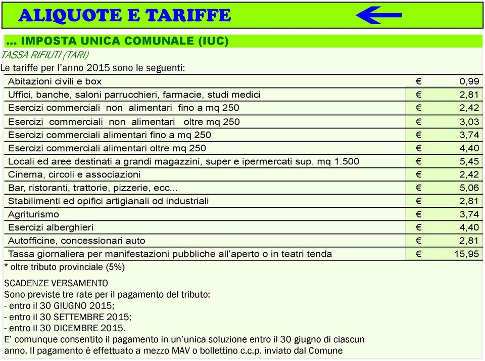 Esercizi commerciali non alimentari fino a mq 250 2,42 Esercizi commerciali non alimentari oltre mq 250 3,03 Esercizi commerciali alimentari fino a mq 250 3,74 Esercizi commerciali alimentari oltre